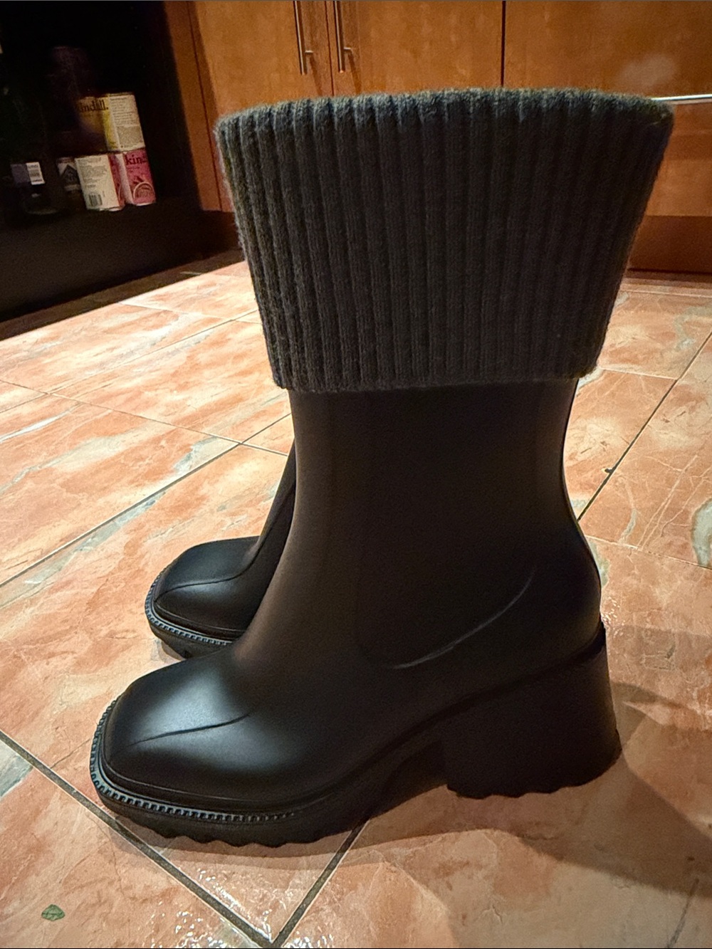 Tendance Black Knit Cuff Rain Boots for Women Made In France - Picture 3 of 5